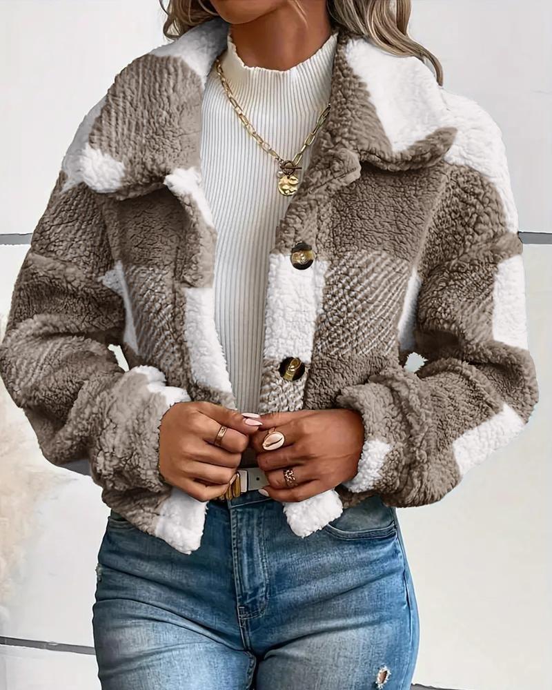 Plaid Pattern Turn-down Collar Teddy Coat Button Front Fleece Thermal Jacket, women Jackets & Coats, ChicMe catalog