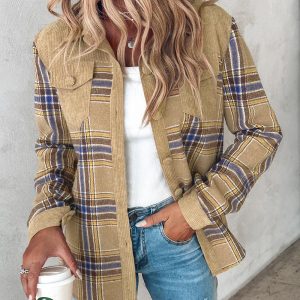 Colorblock Plaid Print Buttoned Corduroy Shacket, women Jackets & Coats, ChicMe catalog