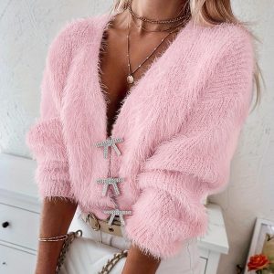 Fuzzy Bowknot Pattern Knit Cardigan, women Sweaters & Cardigans, ChicMe catalog