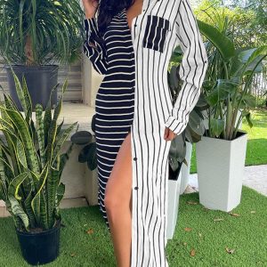 Striped Colorblock Long Sleeve Shirt Dress, women Shirt Dresses, ChicMe catalog