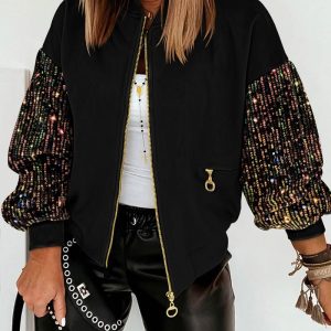 Contrast Sequin Jacket Casual Long Sleeve Zipper Design Sparkly Coat With Pockets, women Jackets & Coats, ChicMe catalog