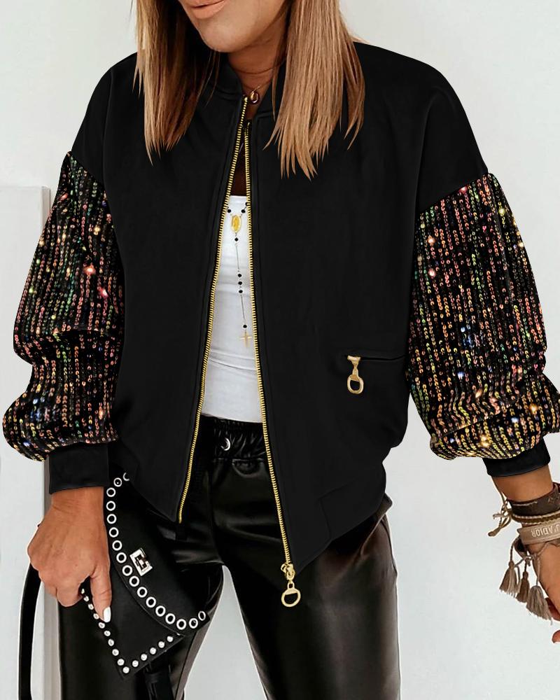 Contrast Sequin Jacket Casual Long Sleeve Zipper Design Sparkly Coat With Pockets, women Jackets & Coats, ChicMe catalog