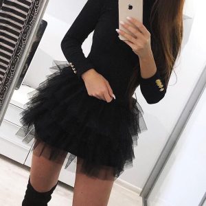 Layered Ruffles Mesh Buttons Deco Long Sleeve Dress Holiday Partywear, women Long Sleeves Dresses, ChicMe catalog