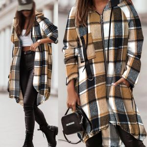 Plaid Pattern Shacket Full Zip Up Pocket Design Oversized Longline Casual Hooded Coats, women Jackets & Coats, ChicMe catalog