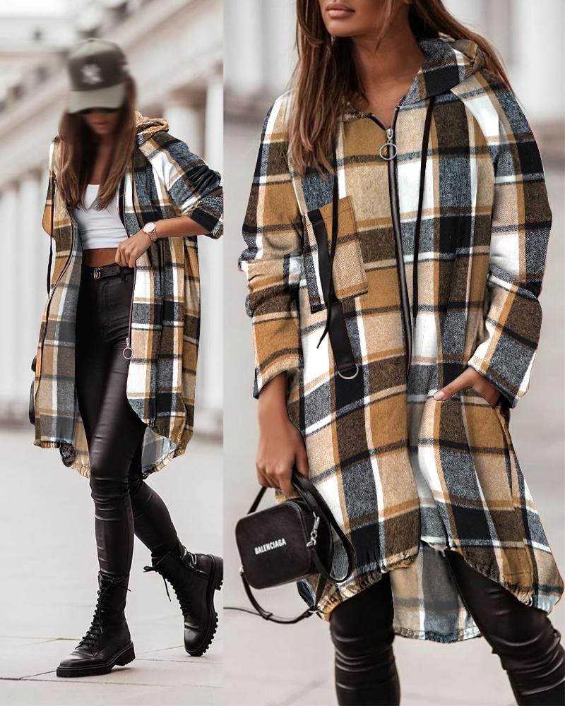 Plaid Pattern Shacket Full Zip Up Pocket Design Oversized Longline Casual Hooded Coats, women Jackets & Coats, ChicMe catalog