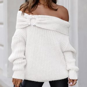 Off Shoulder Ruched Oversized Knit Sweater, women Sweaters & Cardigans, ChicMe catalog