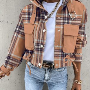 Plaid Print Pocket Design Biker Jacket, women Jackets & Coats, ChicMe catalog