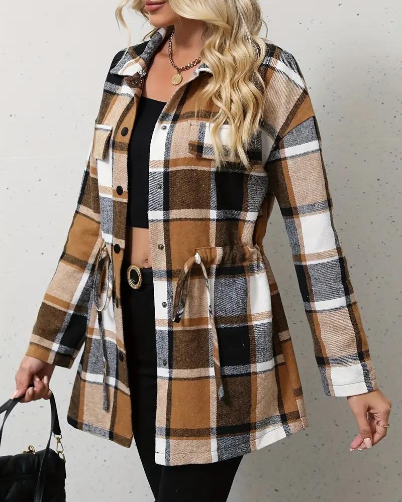 Plaid Pattern Flap Detail Drawstring Waist Button Front Coat, women Jackets & Coats, ChicMe catalog