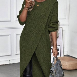 Round Neck Long Sleeve Slit Wrap Sweater Dress, women Long Sleeves Dresses, ChicMe catalog