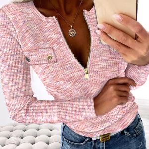 Round Neck Long Sleeve Half Zipper Brushed Tee Slim Fit Flap Detail Multicolor Waffle Top, women T-shirt & Tees, ChicMe catalog