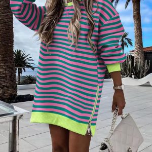 Striped Colorblock Oversized Sweatshirt Long Sleeve Crewneck Side Zipper Design Casual Dress, women Casual Dresses, ChicMe catalog