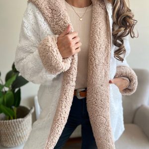 Colorblock Open Front Pocket Design Hooded Reversible Fleece Teddy Coat, women Jackets & Coats, ChicMe catalog