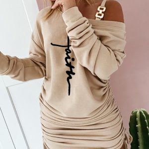 Letter Print Cold Shoulder Drawstring Long Sleeve Dress, women Casual Dresses, ChicMe catalog