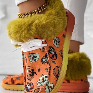 Halloween Pumpkin Graphic Print Lace-up Fuzzy Ankle Boots, women Boots, ChicMe catalog