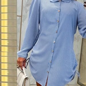 Striped Shirred Buttoned Drawstring Shirt Dress, women Shirt Dresses, ChicMe catalog