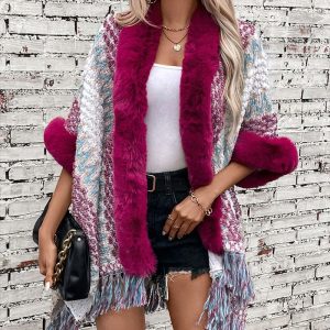 Colorblock Comfort Baggy Cardigan Sweater Oversized Fluffy Trim Tassel Design Knit Cape, women Sweaters & Cardigans, ChicMe catalog