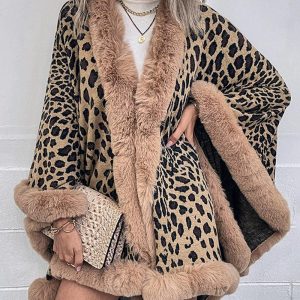 Cheetah Print Fuzzy Trim Knit Poncho Cardigan, women Sweaters & Cardigans, ChicMe catalog