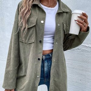 Turn-down Collar Long Sleeve Button Down Waffle Knit Shacket Loose Fit Coat with Pockets, women Jackets & Coats, ChicMe catalog