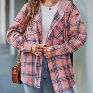 Plaid Pattern Pocket Design Button Down Hooded Shacket, women Jackets & Coats, ChicMe catalog