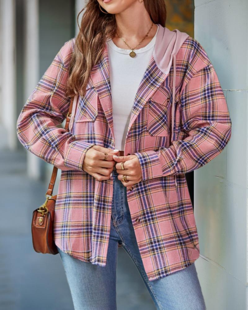 Plaid Pattern Pocket Design Button Down Hooded Shacket, women Jackets & Coats, ChicMe catalog