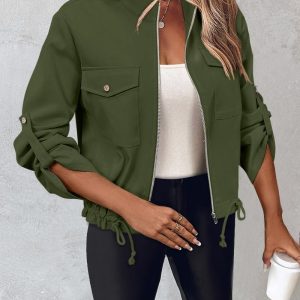 Stand Collar Roll Up Sleeve Zip Up Drawstring Hem Jacket Casual Flap Pockets Design Coat, women Jackets & Coats, ChicMe catalog