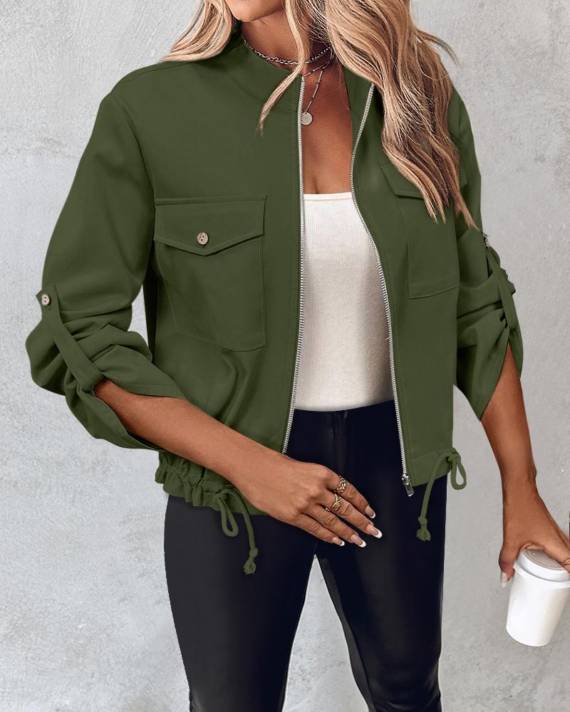 Flap Pocket Roll Tab Sleeve Drawstring Hem Zip Up Jacket, women Jackets & Coats, ChicMe catalog