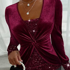 Contrast Sequin Twisted Velvet Top, women Blouses & Shirts, ChicMe catalog