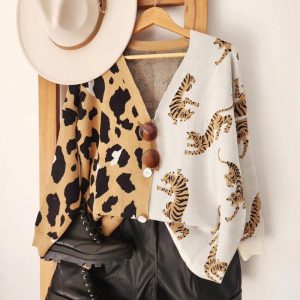 Colorblock Leopard Tiger Pattern V-Neck Button Down Knit Cardigan, women Sweaters & Cardigans, ChicMe catalog