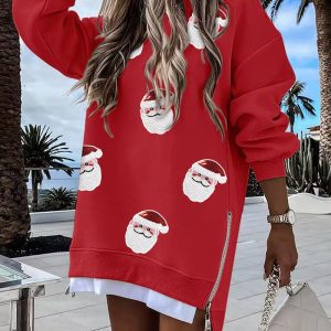 Christmas Sequin Santa Claus Pattern Drop Shoulder Long Sleeve Sweatshirt Casual Zipper Side Slit Mid-length Pullover Top, women Sweats & Hoodies, ChicMe catalog