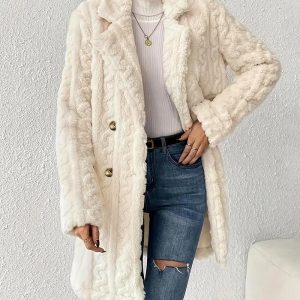 Lapel Neck Double Breasted Cable Textured Longline Plush Coral Fleece Coat, women Jackets & Coats, ChicMe catalog
