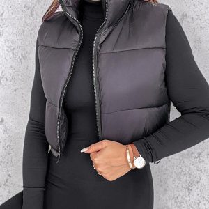 Stand Collar Zip Up Lightweight Cropped Puffer Vest Sleeveless Drawstring Hem Padded Coat, women Jackets & Coats, ChicMe catalog