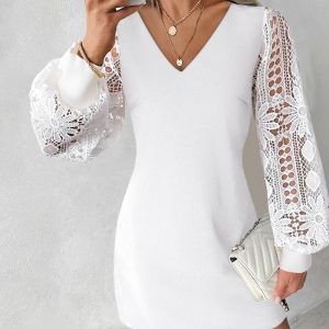 V-Neck Long Sleeve Lace Patch Casual Mini Dress, women Casual Dresses, ChicMe catalog