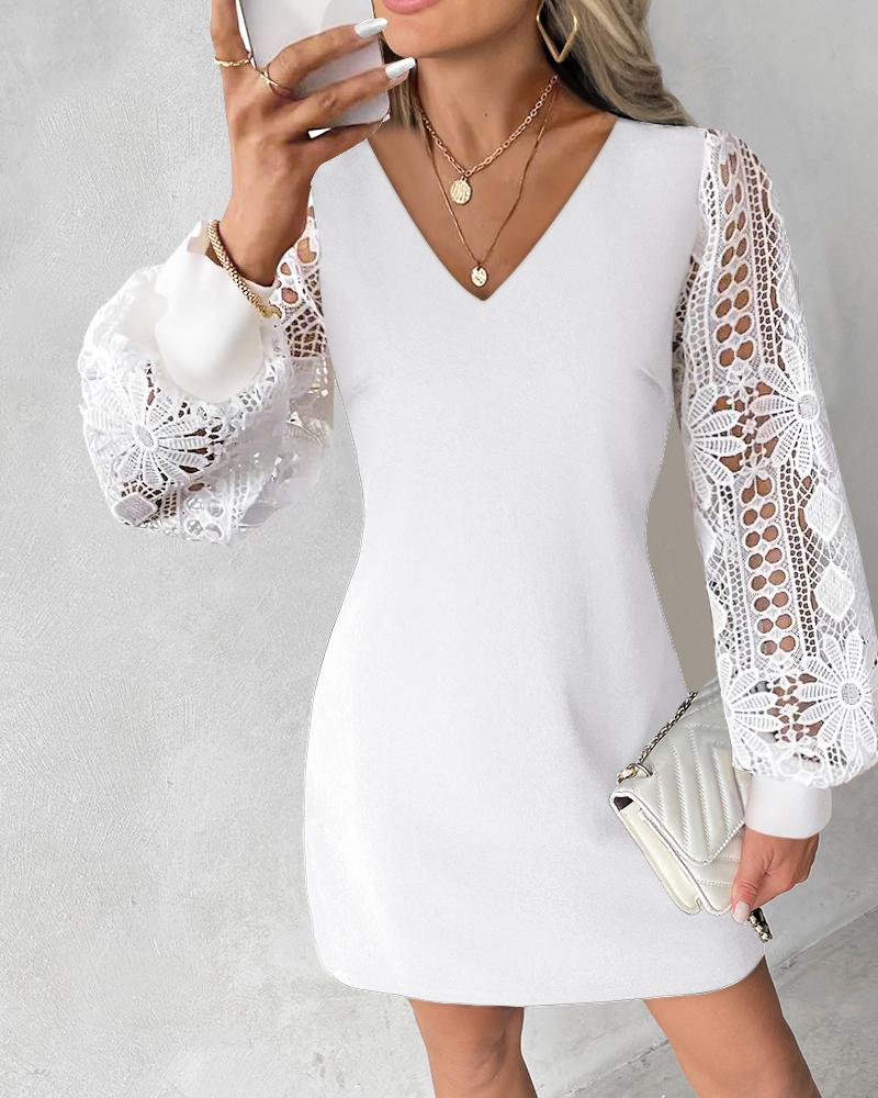 V-Neck Long Sleeve Lace Patch Casual Mini Dress, women Casual Dresses, ChicMe catalog