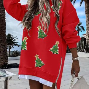 Sequin Christmas Tree Pattern Drop Shoulder Sweatshirt Casual Side Zipper Slit Faux Two-Piece Pullover Top, women Sweats & Hoodies, ChicMe catalog