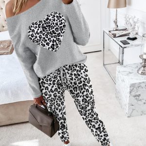2 Piece Heart Leopard Print Tracksuits Set Skew Neck Long Sleeve Top Pants Sets with Pockets, women Two-piece Sets, ChicMe catalog