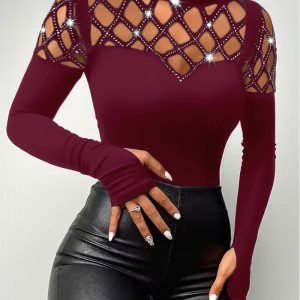 Rhinestone Hollow Out Cold Shoulder Long Sleeve Top Casual Tee, women T-shirt & Tees, ChicMe catalog