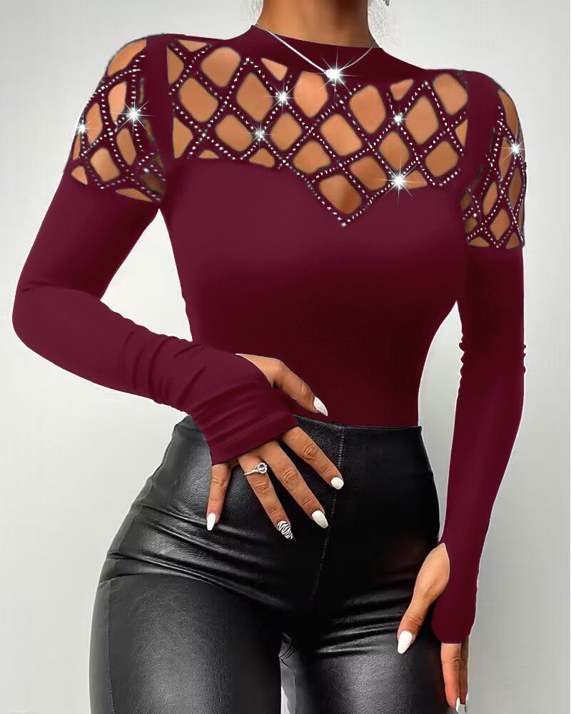 Rhinestone Decor Mock Neck Hollow Out Long Sleeve Tee Slim Fit Top with Thumb Hole Cuffs, women T-shirt & Tees, ChicMe catalog - Image 2