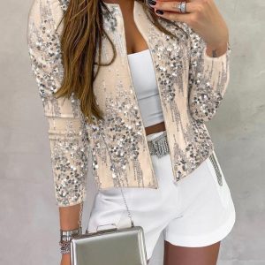 O-neck Long Sleeve Zip-up Sequin Coat, women Jackets & Coats, ChicMe catalog