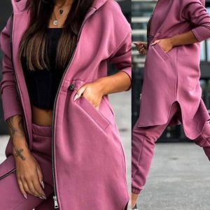 Zipper Design Longline Hooded Coat & Cuffed Pants Set, women Two-piece Sets, ChicMe catalog