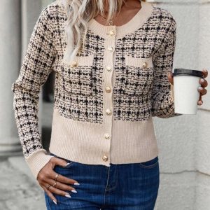 Plaid Pattern Round Neck Button Down Knit Cardigan, women Sweaters & Cardigans, ChicMe catalog
