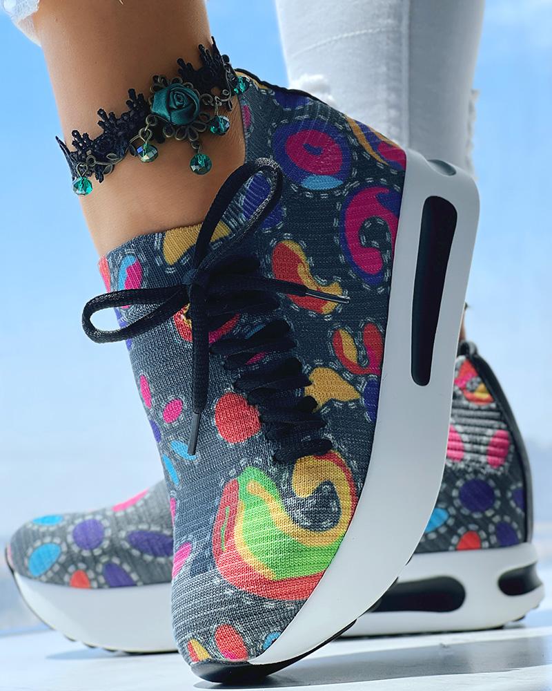 Abstract Print Side Lace-up Casual Wedge Sneakers, women Wedges Shoes, ChicMe catalog - Image 2