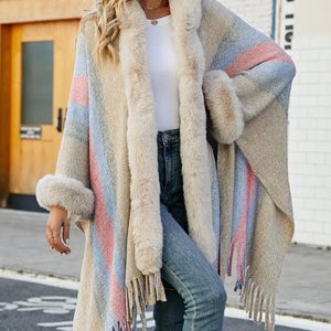 Striped Colorblock Fluffy Detail Knit Cape Open Front Tassel Design Cardigan, women Sweaters & Cardigans, ChicMe catalog