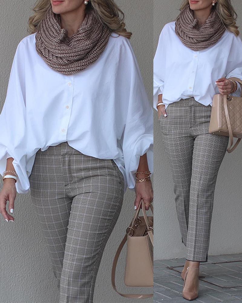 Turn-down Collar Lantern Sleeve Button Down Oversized Blouse Top, women Blouses & Shirts, ChicMe catalog