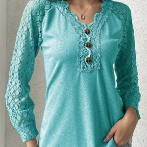 V Neck Casual Plain Lace Bukle T-Shirt, T-shirts, color:Light Blue|size:XXL, catalog Noracora shop