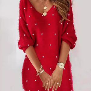 Women Plain V Neck Long Sleeve Comfy Casual Midi Dress, Dresses, color:Red|size:XL, catalog Noracora shop