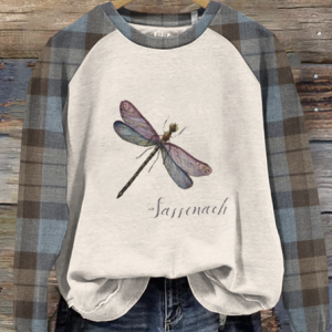 Vintage Tv Show Inspired Plaid Dragonfly Print Casual Sweatshirt, Hoodies&Sweatshirts, Lilicloth.com