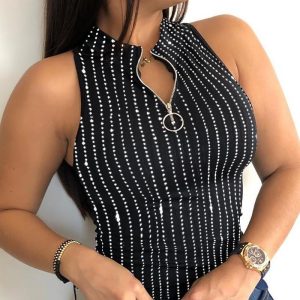 Rhinestone O-Neck Sleeveless Tank Zipper Thick Strap Mental Waist Casual Slim Fit Top, women Tanks & Crop Tops, ChicMe catalog