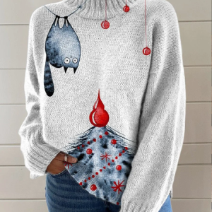 Casual Turtleneck Cat Sweatshirt, Hoodies & Sweatshirts, color:White|size:3XL, catalog Noracora shop