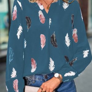 Crew Neck Long Sleeve Leaf Regular Micro-Elasticity Loose Blouse For Women, Blouses, color:Deep Blue|size:5XL, catalog Noracora shop