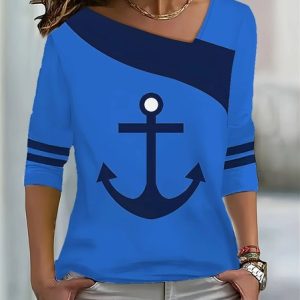 Long Sleeve Anchor Regular Micro-Elasticity Loose Blouse For Women, Blouses, color:Blue|size:5XL, catalog Noracora shop